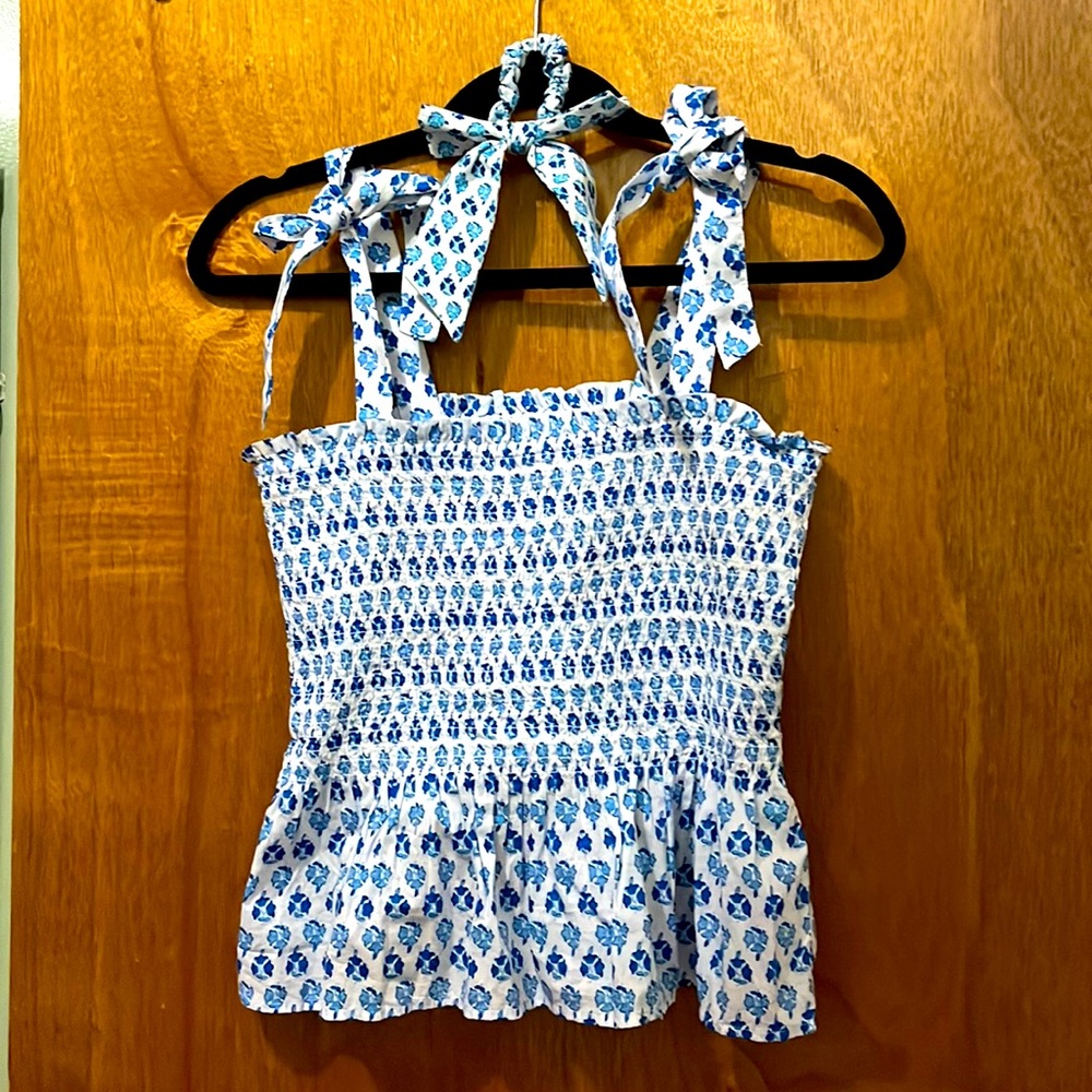 Blue and white JCrew Bow tie Blouse with matching Hair Tie